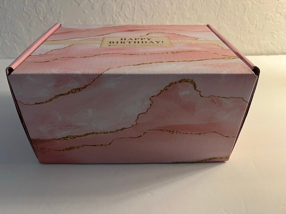 Ladies Happy Birthday Gift Box with coffee cup candle soap salts make-up bag